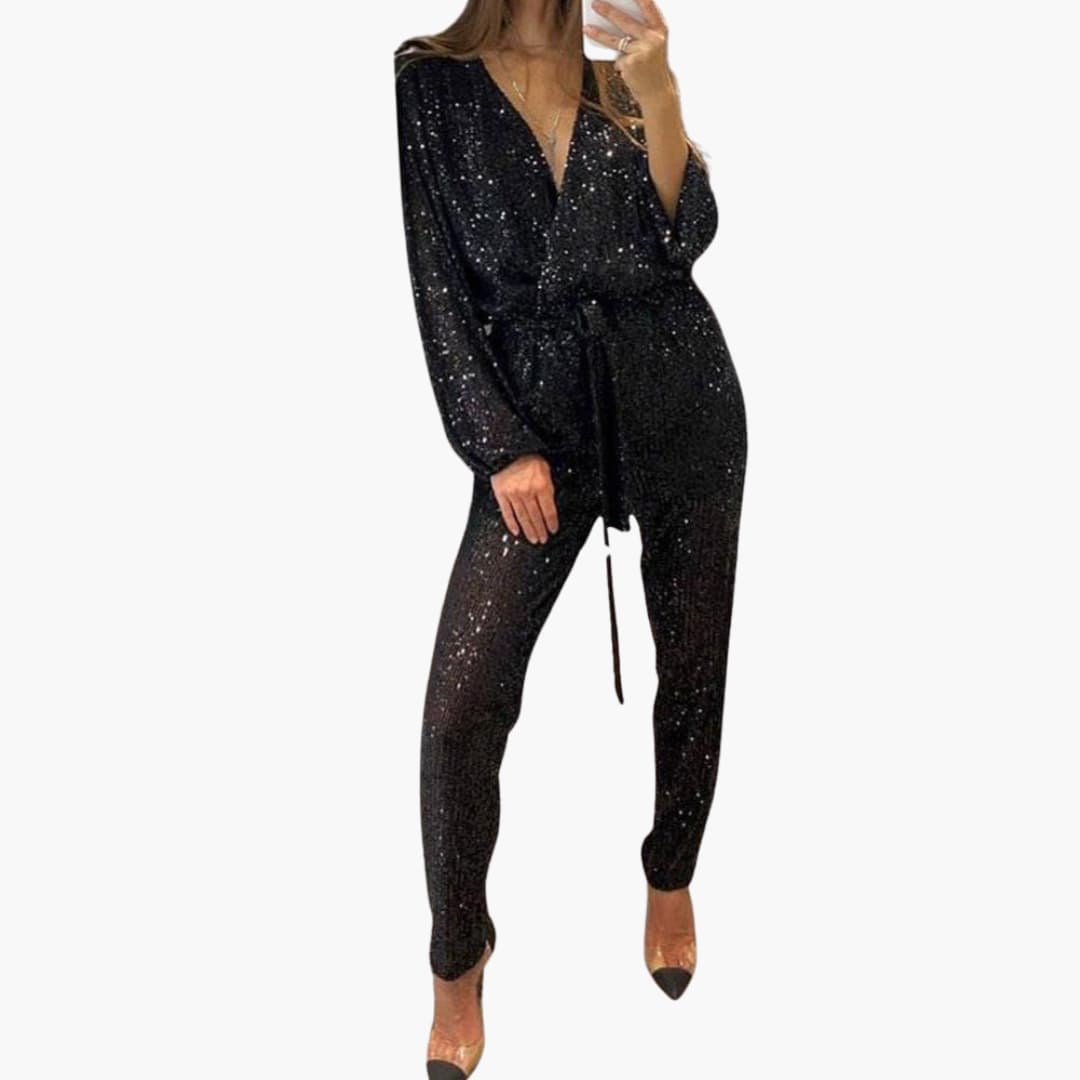 Women’s Sequin Jumpsuit with Long Sleeves and Tie Waist