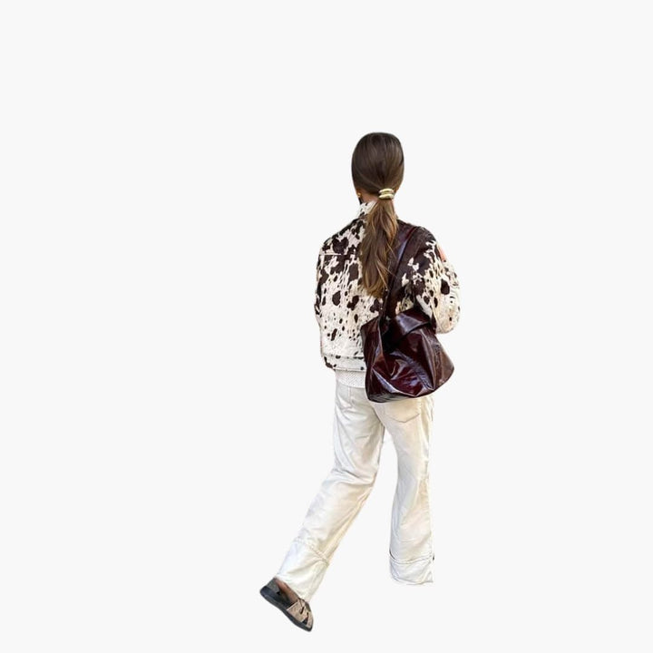 Women’s Denim Jacket with Cow Print and Button-Up Front