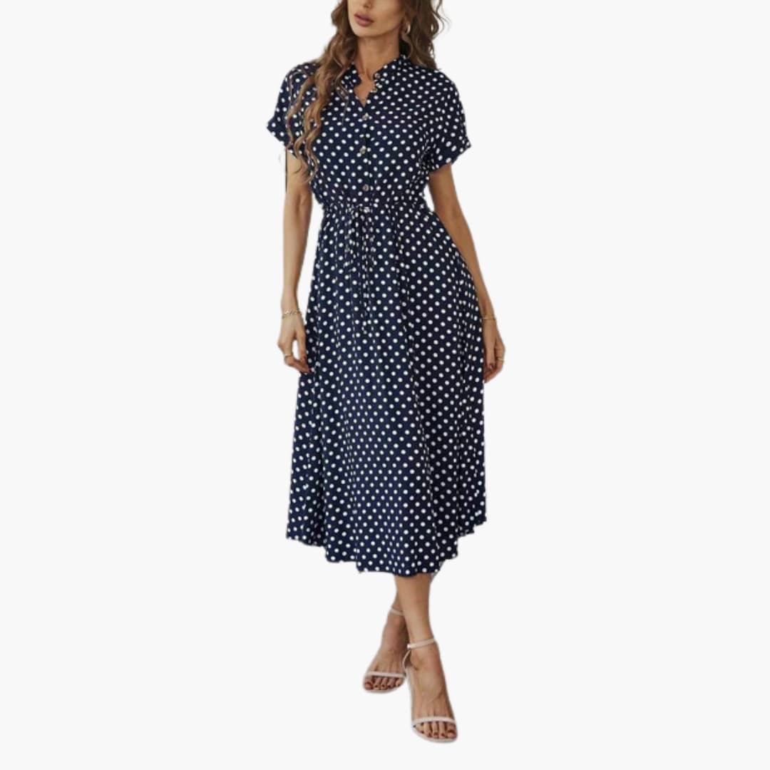 Women’s Midi Dress with Button-Through Front and Drawstring Waist