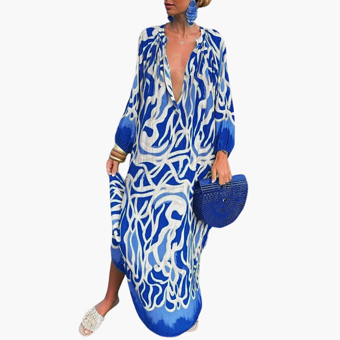 Women’s Maxi Dress with Deep V‑Neck and Long Sleeves