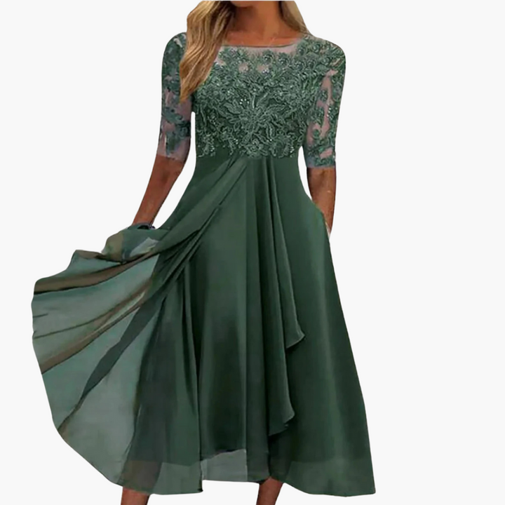 Women’s Midi Dress with Embroidery and Sheer Sleeves