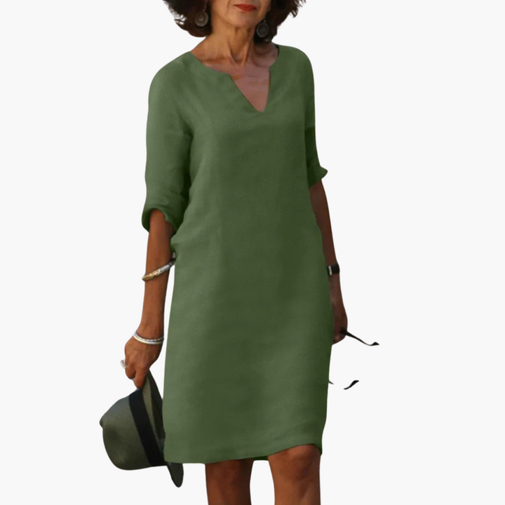 Women’s V-Neck Mini Dress with 3/4 Sleeves and Tapered Waist