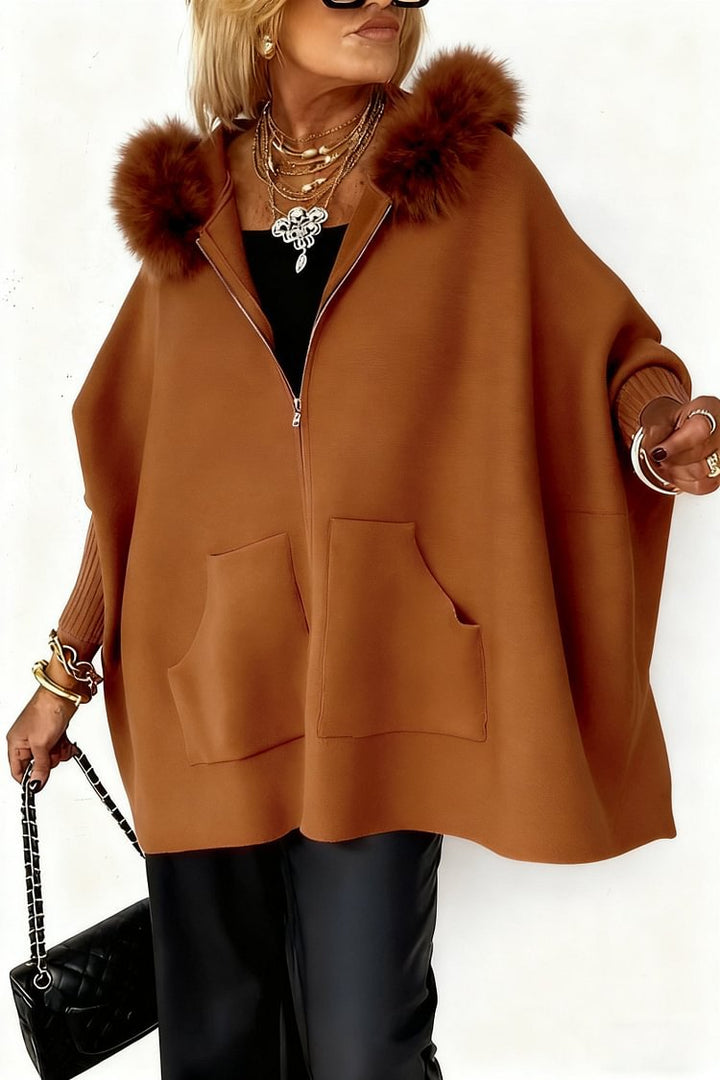 Plush Zip-Up Hoodie with Batwing Sleeves and Pockets