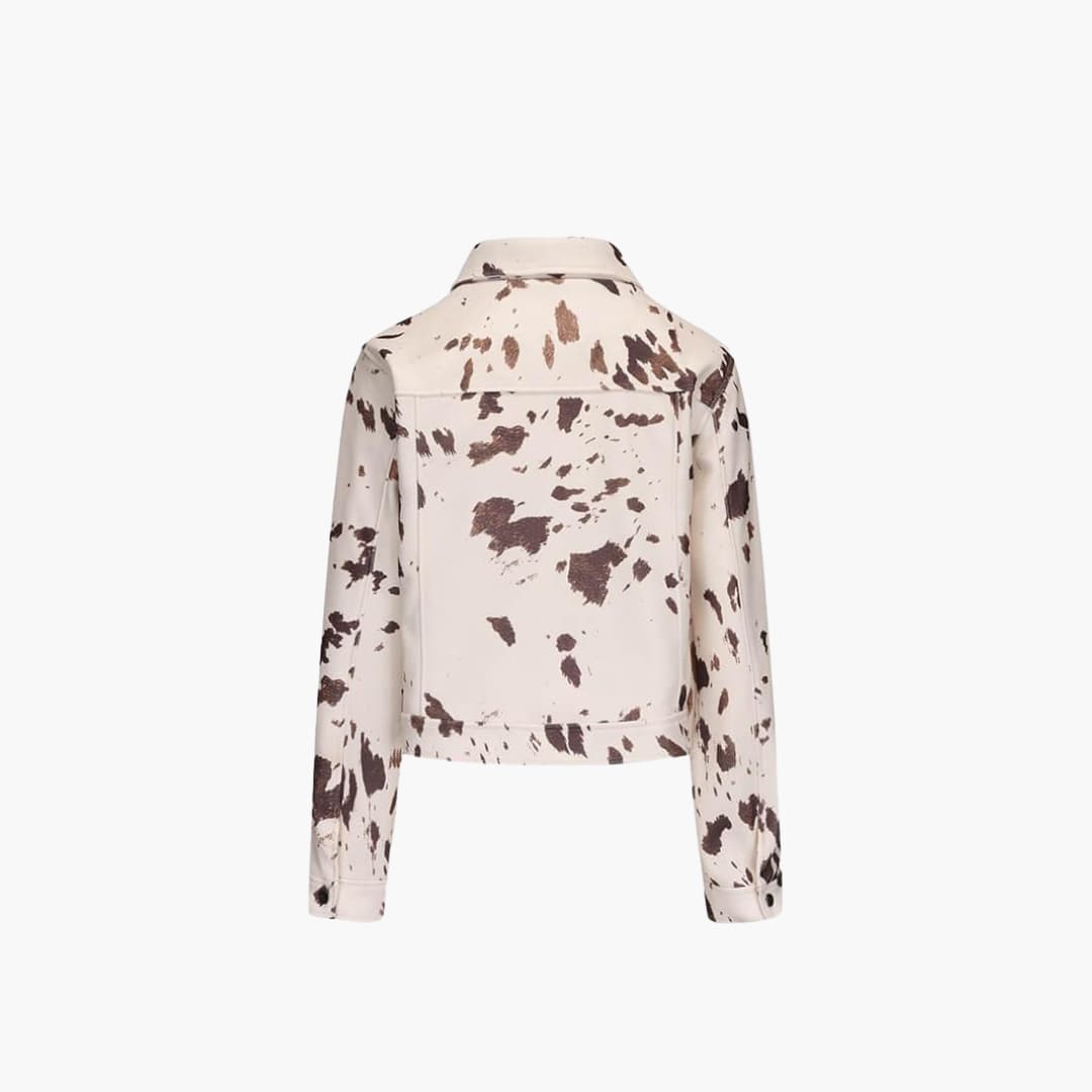 Women’s Denim Jacket with Cow Print and Button-Up Front