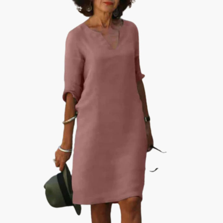 Women’s Shift Dress with Notch Neckline and Long Sleeves