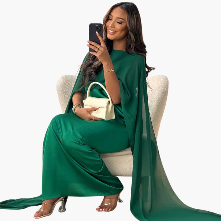 Women’s Floor-Length Formal Dress with Cape Sleeves and Boat Neck