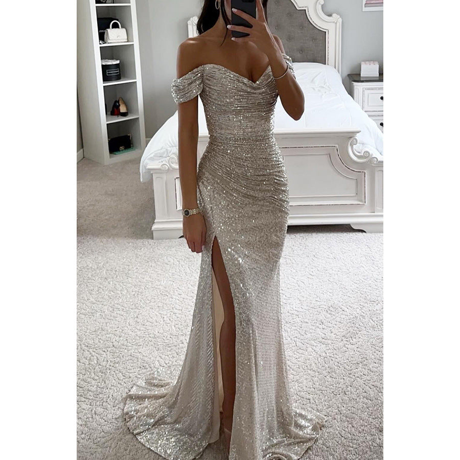 Woman in long off-shoulder sequin evening dress