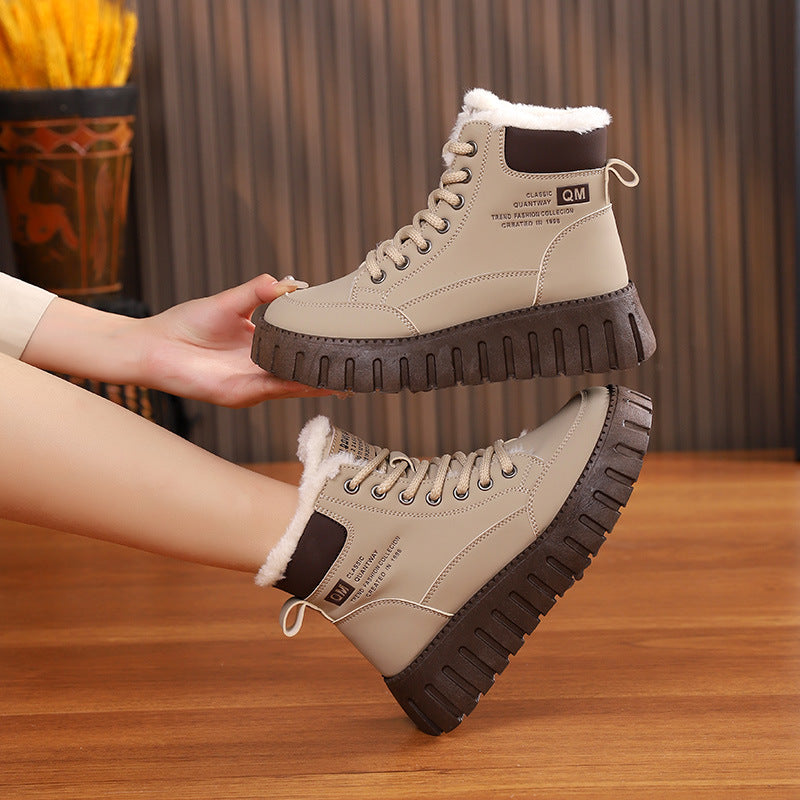 Lace-Up Snow Boots for Women, Fleece-Lined Plush Ankle Boots