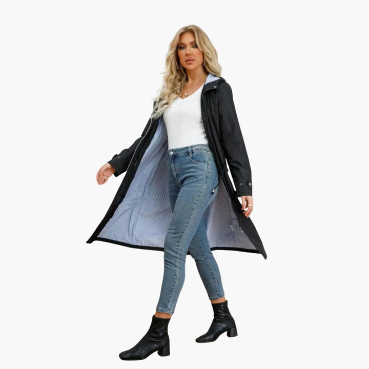 Women’s Hooded Trench Coat with Zip Closure and Drawstring Waist