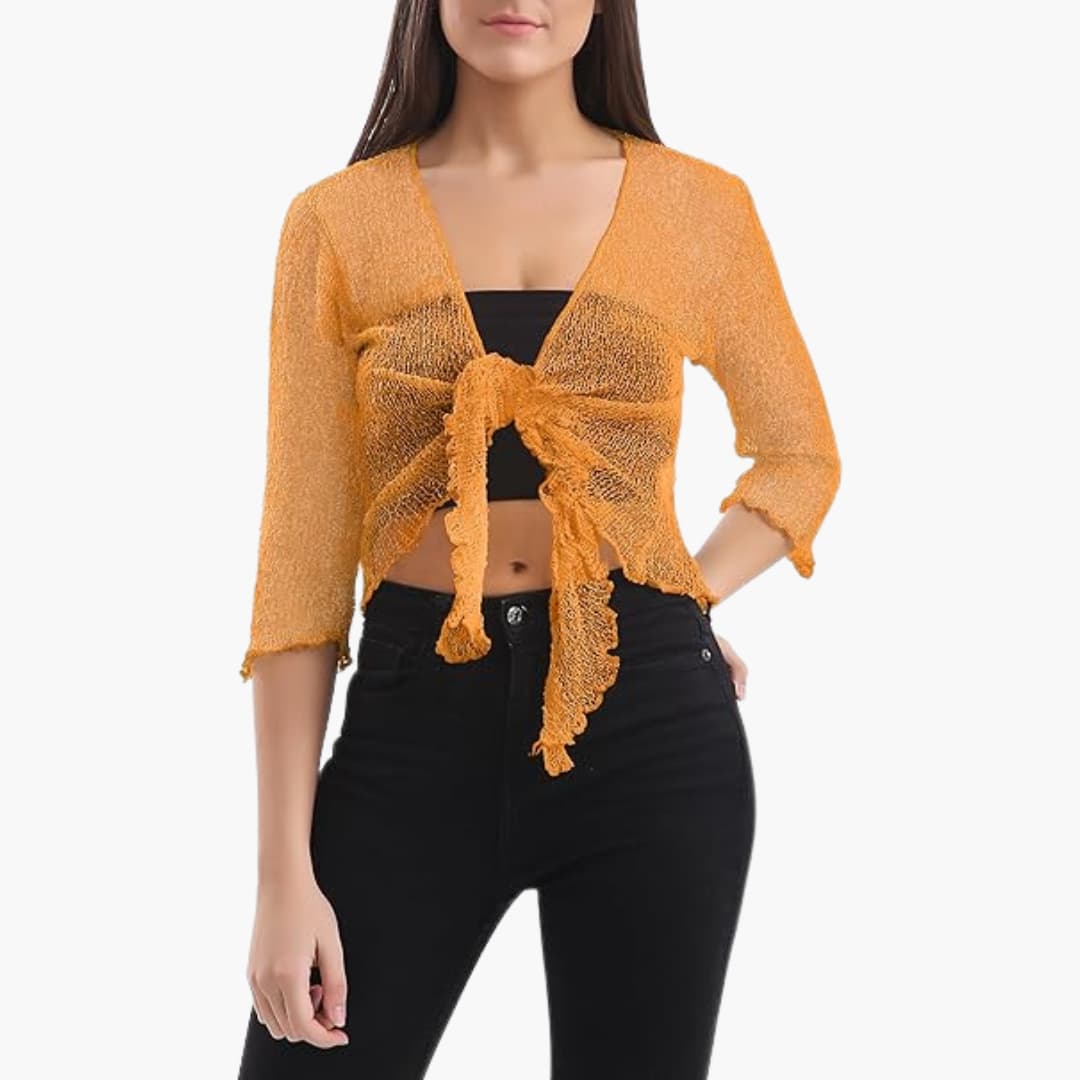 Women’s Cropped Tie-Up Shrug with Three-Quarter Sleeves and Sheer Knit