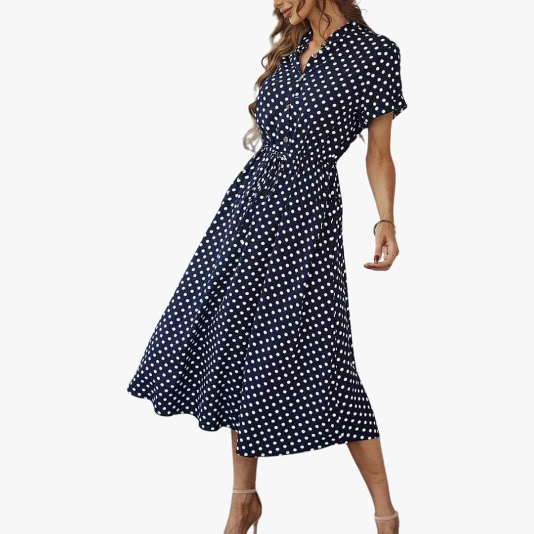 Women’s Midi Dress with Button-Through Front and Drawstring Waist