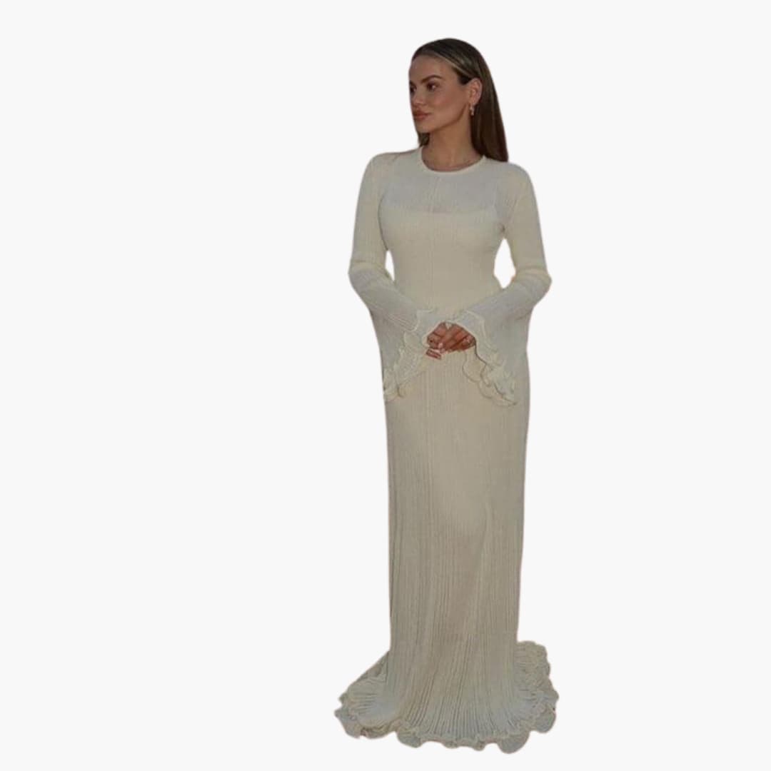 Women’s Knit Maxi Dress with Open Back and Trumpet Sleeves