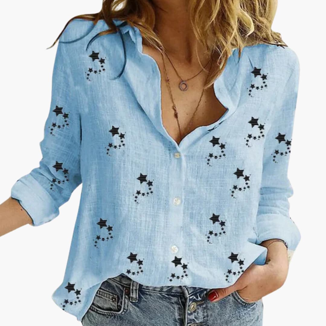 Women’s Star Print Blouse with Collar and Button Fastening