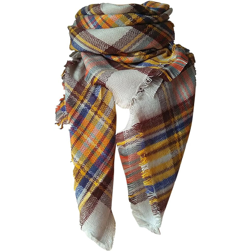 Women's Yellow and Blue Plaid Scarf, Soft Tassel Wrap
