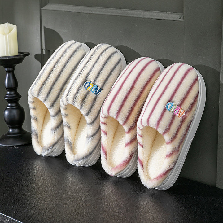 Plush Striped Letter Slippers, Winter Warm Embroidered