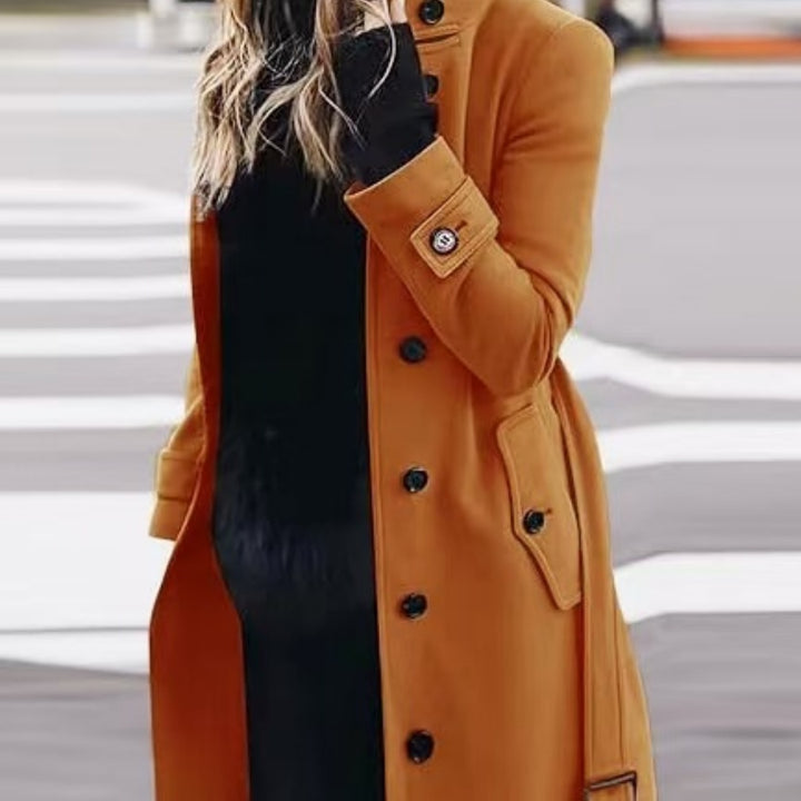 Slim Fit Wool Coat for Women, Stand Collar Single-Breasted Coat