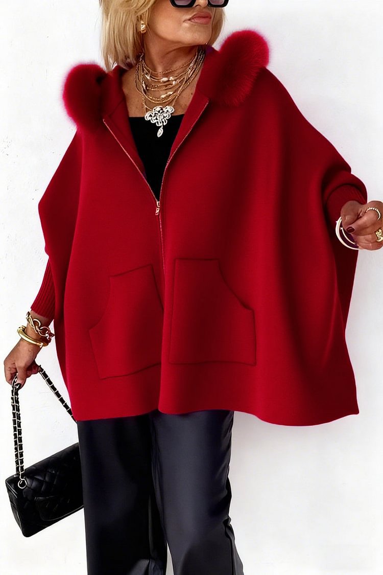 Plush Zip-Up Hoodie with Batwing Sleeves and Pockets
