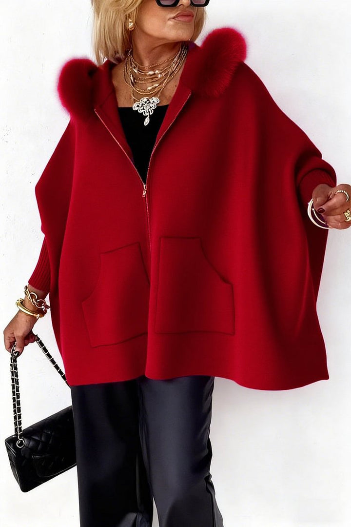 Plush Zip-Up Hoodie with Batwing Sleeves and Pockets