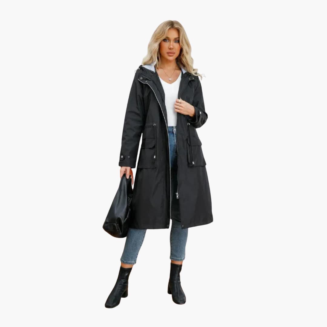 Women’s Hooded Trench Coat with Zip Closure and Drawstring Waist