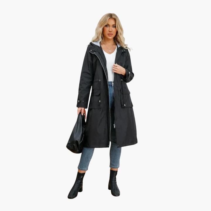 Women’s Hooded Trench Coat with Zip Closure and Drawstring Waist