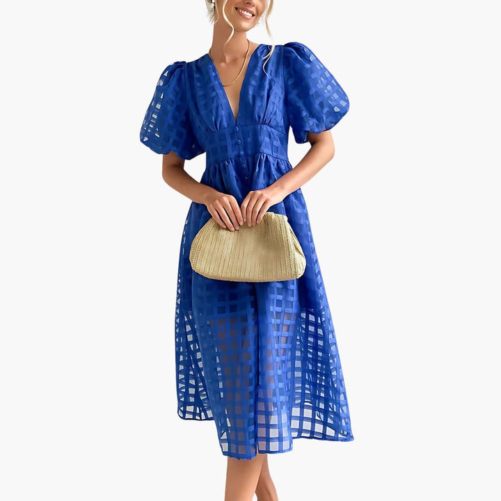 Women’s Midi Dress with Grid Overlay and Buttons