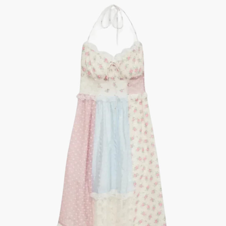 Women’s Patchwork Maxi Dress with Lace-Up Detail