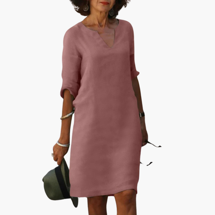 Women’s V-Neck Mini Dress with 3/4 Sleeves and Tapered Waist