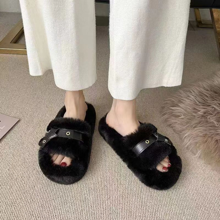 Fluffy Flat Slippers for Women with Leather Ring Detail