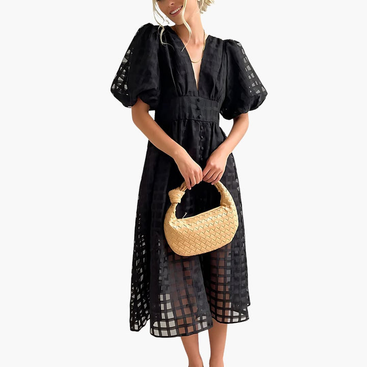 Women’s Midi Dress with Grid Overlay and Buttons