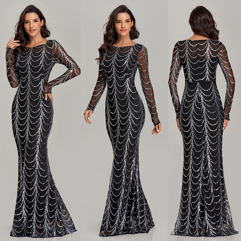 Sequin Maxi Dress for Women, Long Sleeve Party Dress