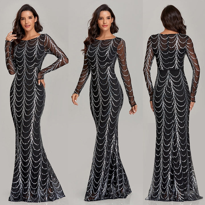 Sequin Maxi Dress for Women, Long Sleeve Party Dress