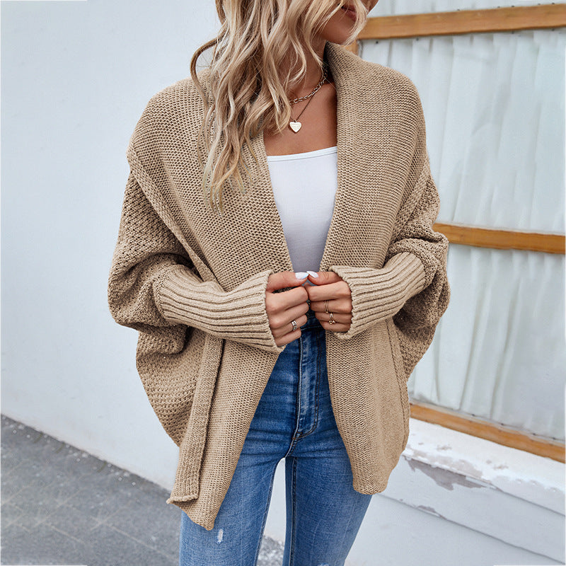 Loose Knit Cardigan for Women, Batwing Sleeve Lapel Sweater