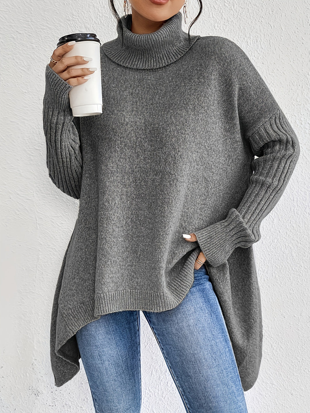 Asymmetric Turtleneck Sweater with Loose Fit