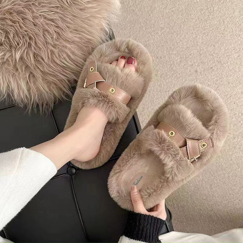Fluffy Flat Slippers for Women with Leather Ring Detail