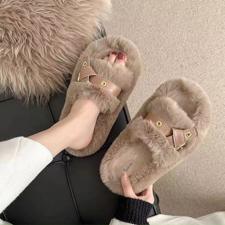 Fluffy Flat Slippers for Women with Leather Ring Detail
