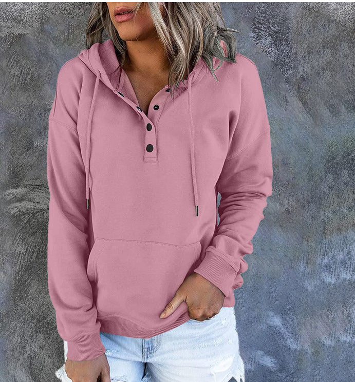 Hooded Sweatshirt for Women, Pocket Button Drawstring Hoodie