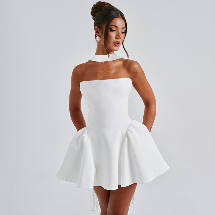 Woman in a strapless flared mini dress