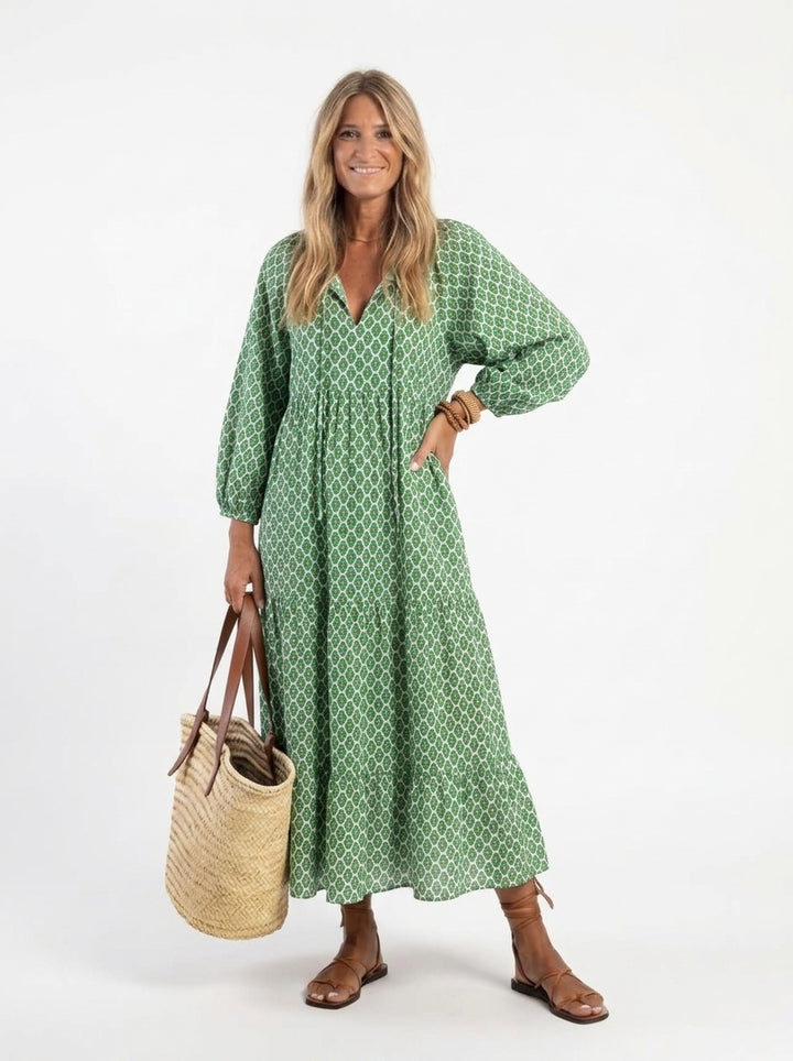 Arlette | Geometric Print Long Sleeve Midi Dress