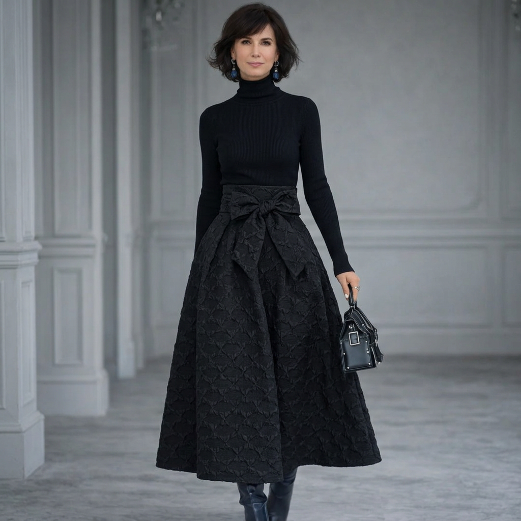 Elena | Turtleneck Knit Top and Bow-Waist Jacquard Maxi Skirt Set
