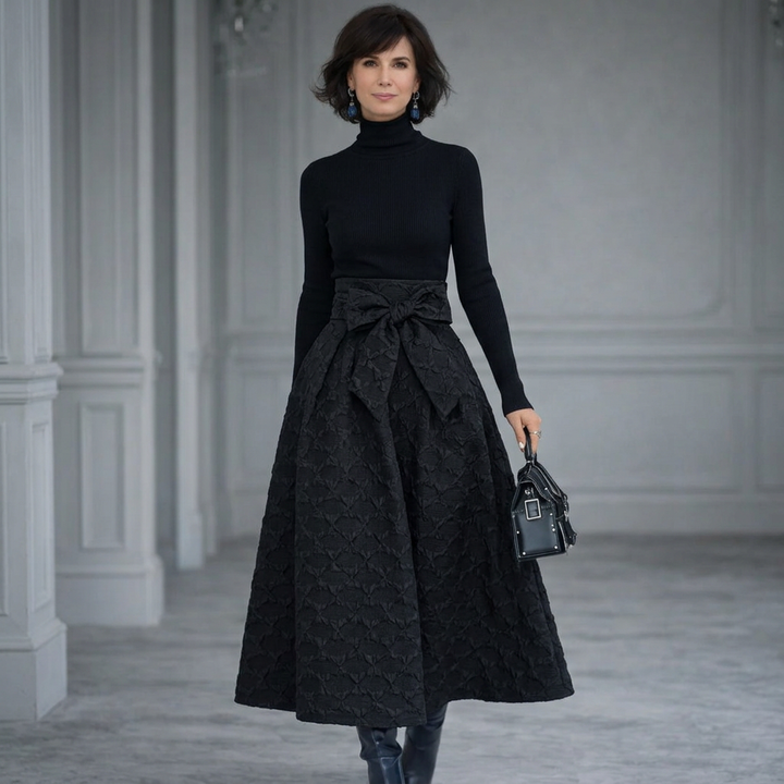 Elena | Turtleneck Knit Top and Bow-Waist Jacquard Maxi Skirt Set
