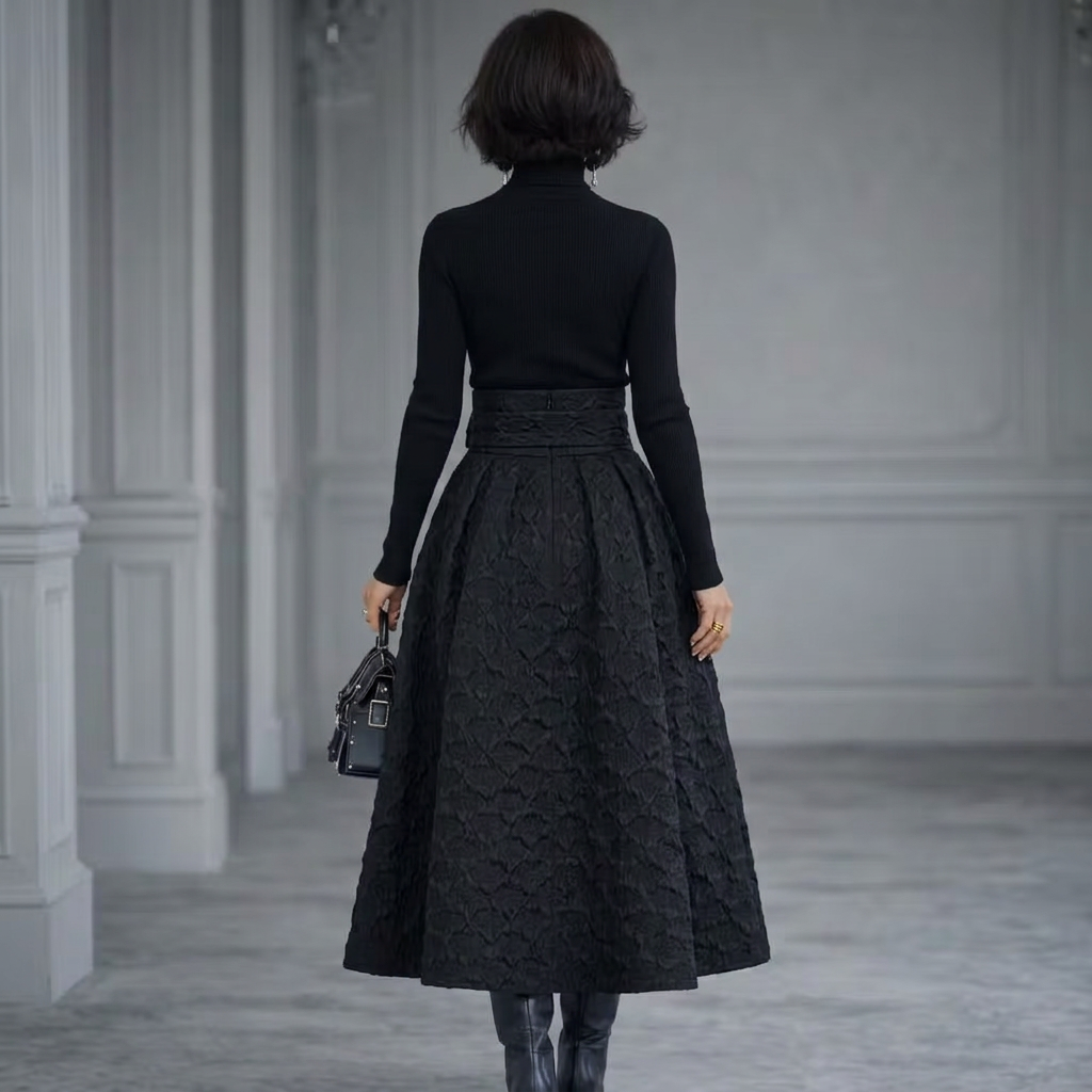 Elena | Turtleneck Knit Top and Bow-Waist Jacquard Maxi Skirt Set