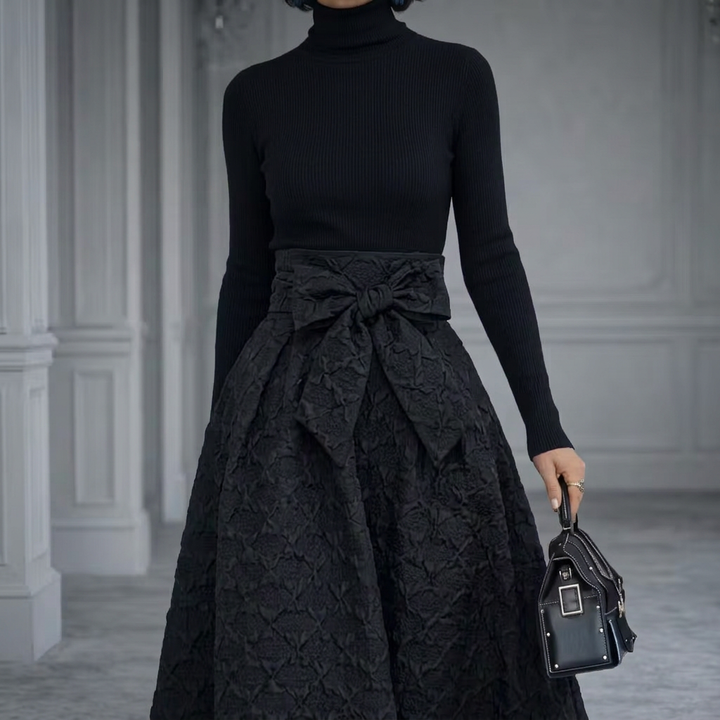 Elena | Turtleneck Knit Top and Bow-Waist Jacquard Maxi Skirt Set