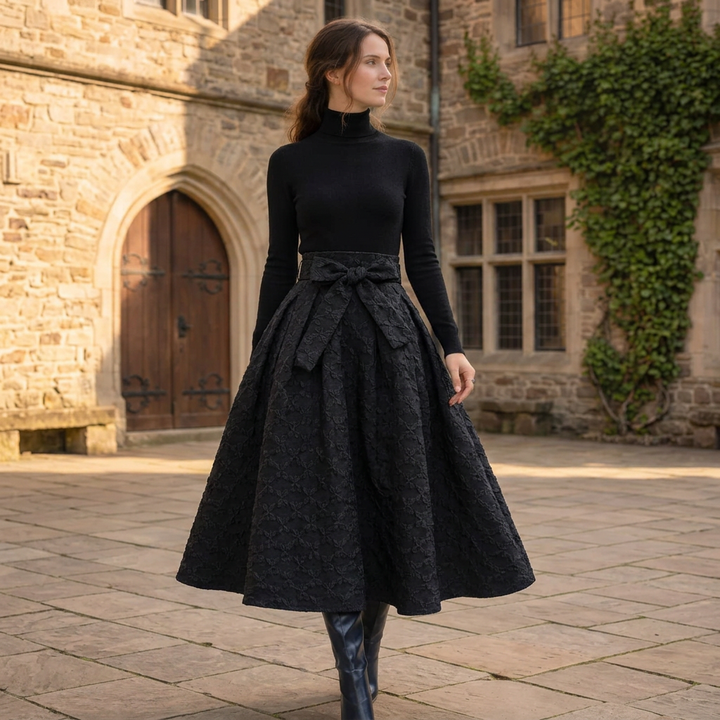 Elena | Turtleneck Knit Top and Bow-Waist Jacquard Maxi Skirt Set