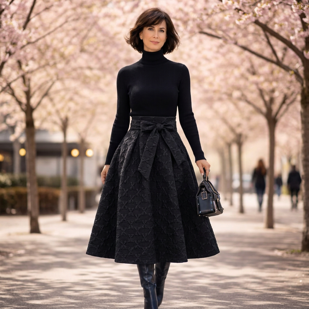 Elena | Turtleneck Knit Top and Bow-Waist Jacquard Maxi Skirt Set
