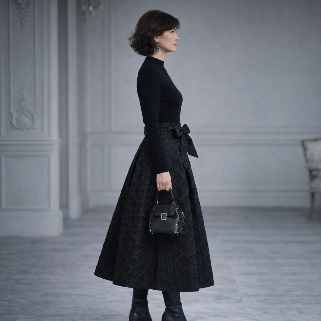 Elena | Turtleneck Knit Top and Bow-Waist Jacquard Maxi Skirt Set