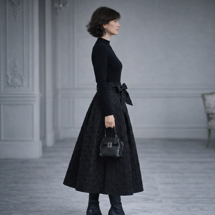 Elena | Turtleneck Knit Top and Bow-Waist Jacquard Maxi Skirt Set