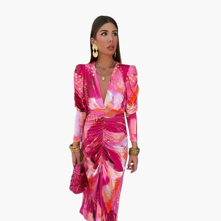 Women’s V-Neck Midi Dress with Flared Skirt