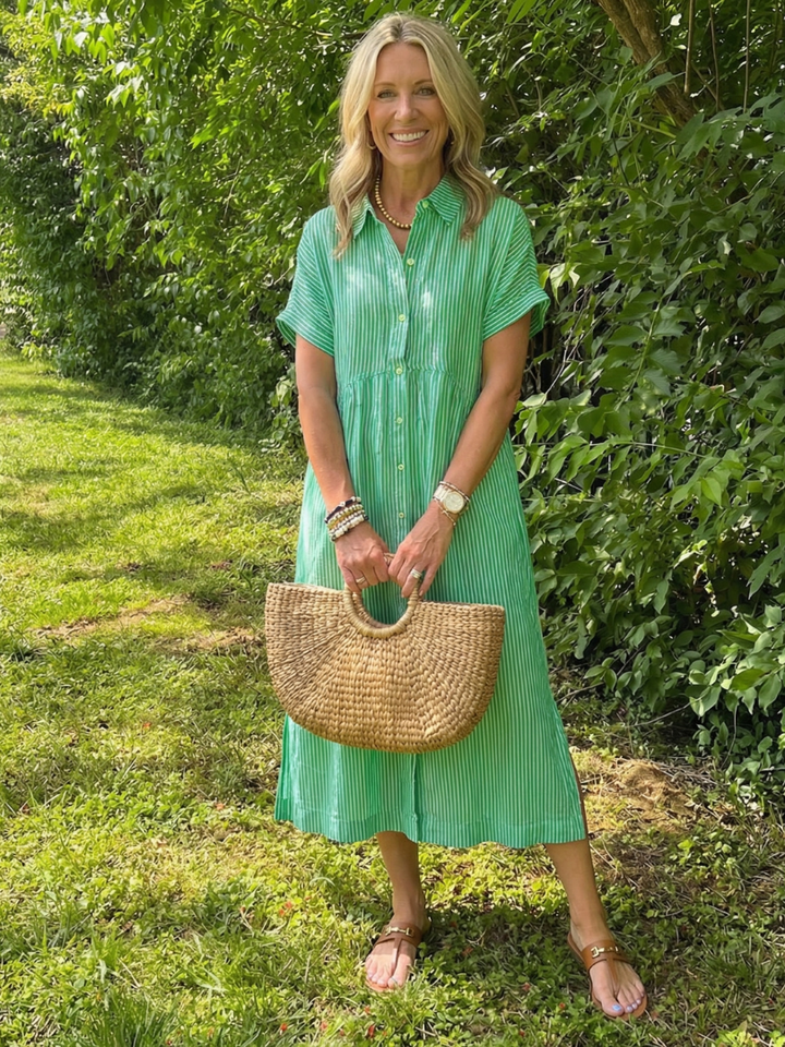 Olivienne | Short Sleeve Button Front Striped Midi Dress