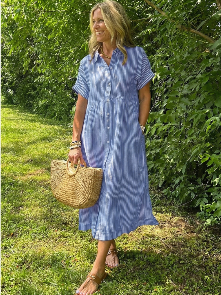 Olivienne | Short Sleeve Button Front Striped Midi Dress