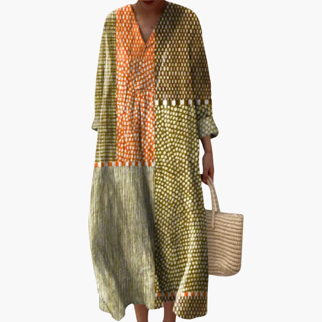 Women’s V-Neck Long Sleeve Ankle-Length Dress – Geometric Patchwork